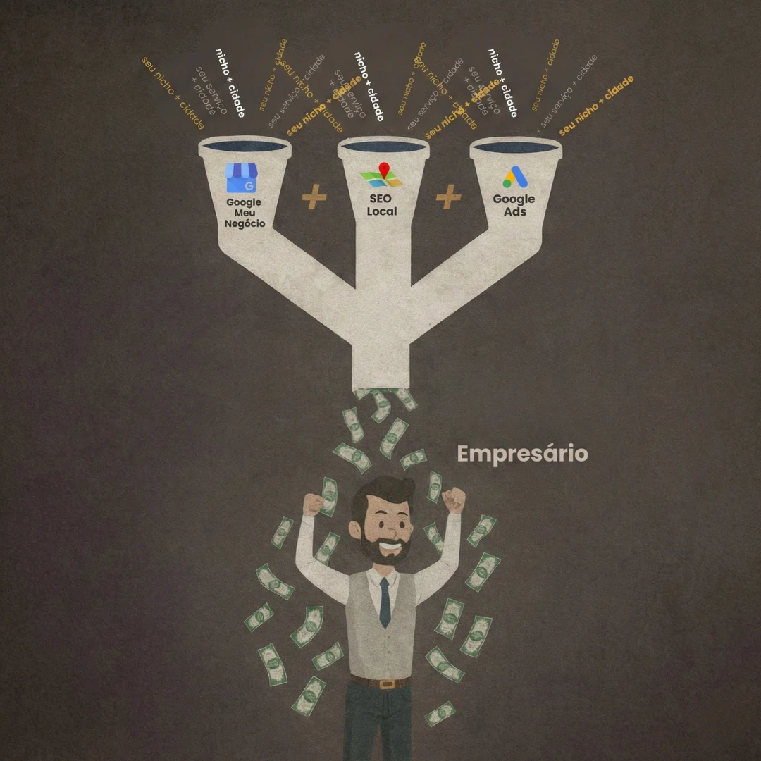 Ilustração do Método PPG integrando Google Meu Negócio, SEO Local e Google Ads com buscas por nicho e cidade