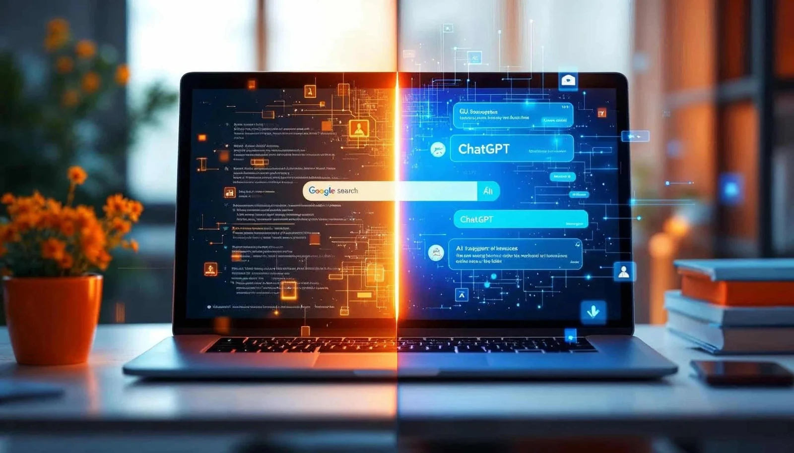 Ilustração de um notebook comparando a busca tradicional no Google com uma conversa no ChatGPT