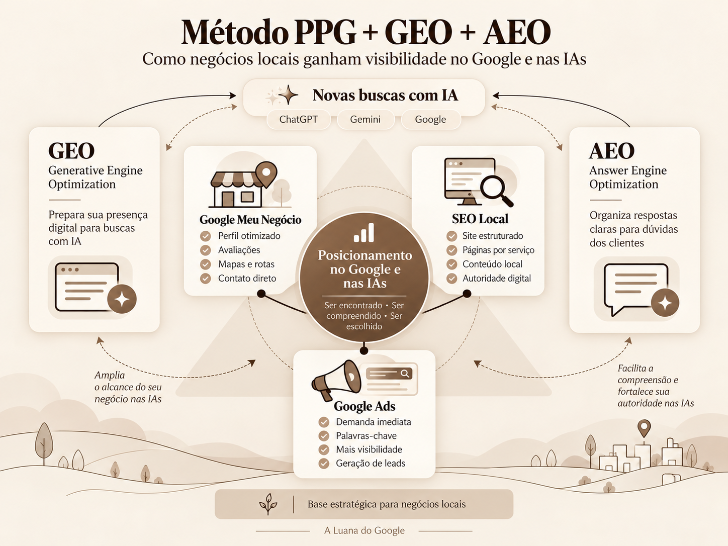 Infográfico do Método PPG: Google Meu Negócio, SEO Local e Google Ads complementados por GEO e AEO para buscas com IA