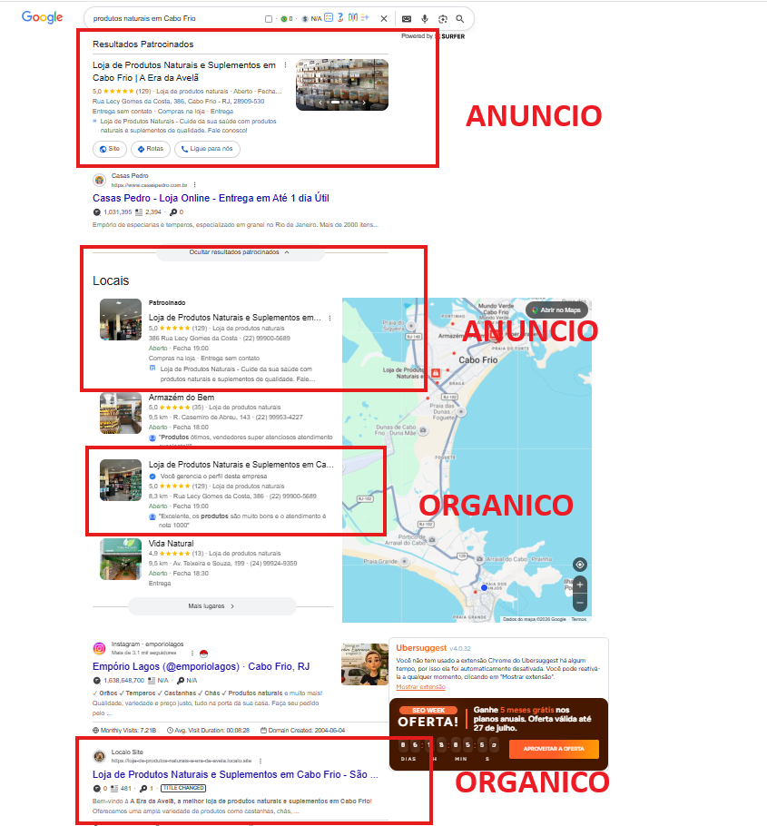 Resultados de posicionamento para loja de produtos naturais em Cabo Frio no Google